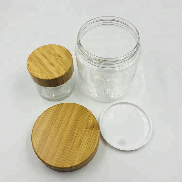 50g 250g 500g PET plastic clear frosted cream jar with bamboo lid / tea caddy / recycle cookie container