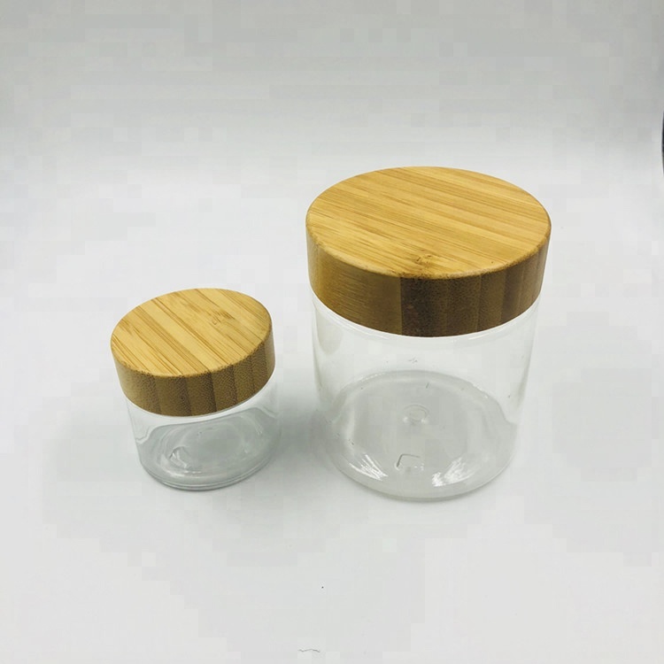 50g 250g 500g PET plastic clear frosted cream jar with bamboo lid / tea caddy / recycle cookie container