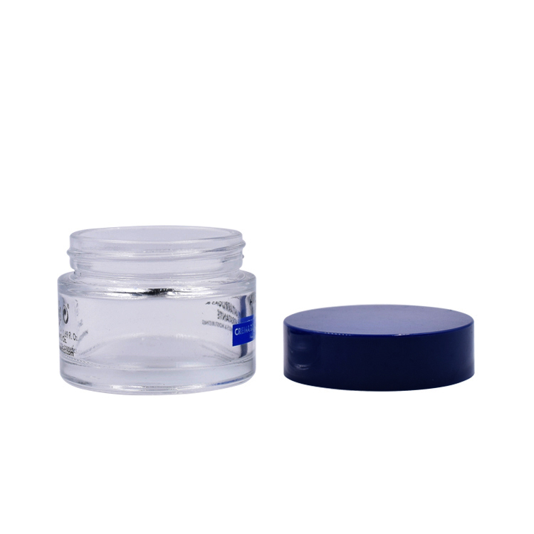 50g 30g 15g cosmetic packaging clear glass cream jar with aluminum blue lid