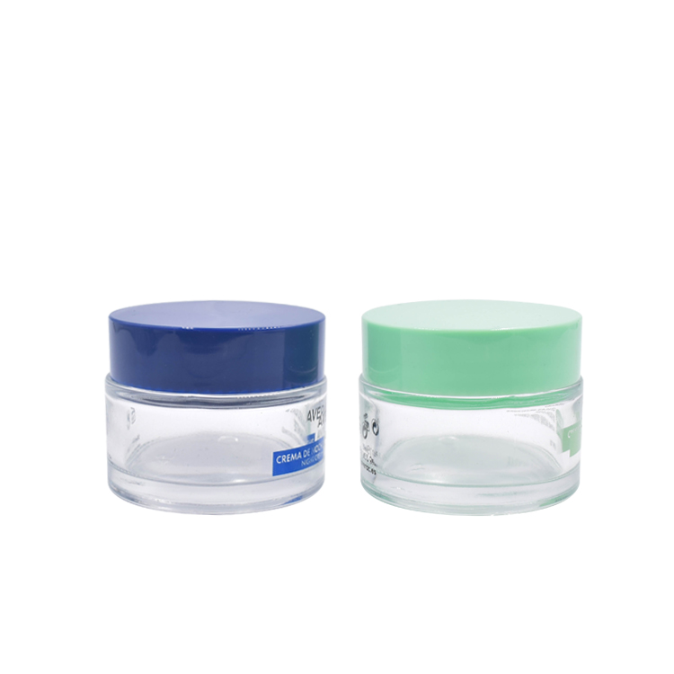 50g 30g 15g cosmetic packaging clear glass cream jar with aluminum blue lid