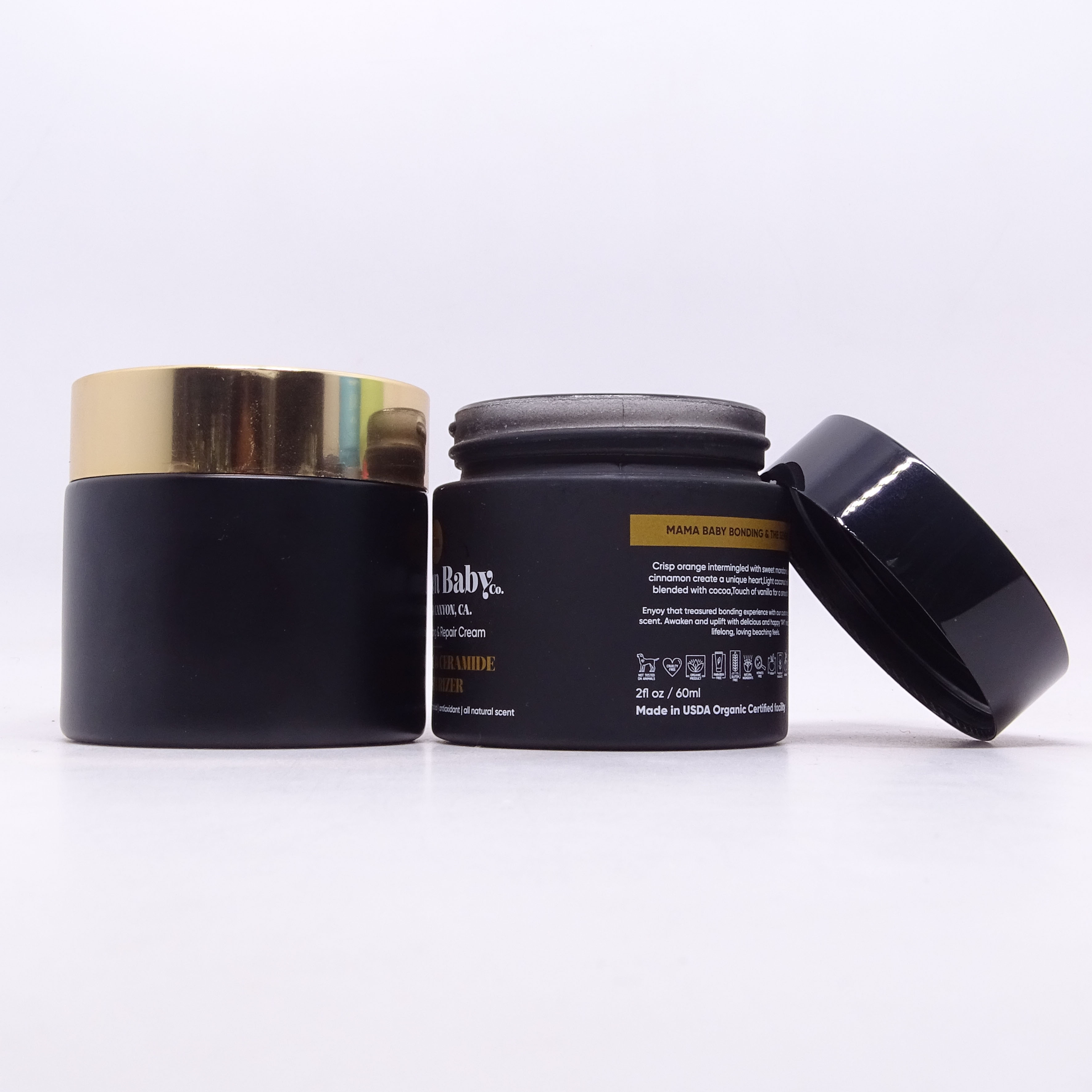 50g 60g  matte black glass cosmetic packaging jar with gold metal lid for cream oil