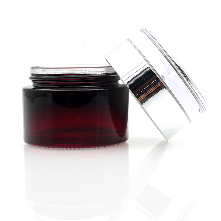 50g Cosmetic Round Shape Amber Glass Jar Container / Elegant Empty Cream Jars With Silver Cap