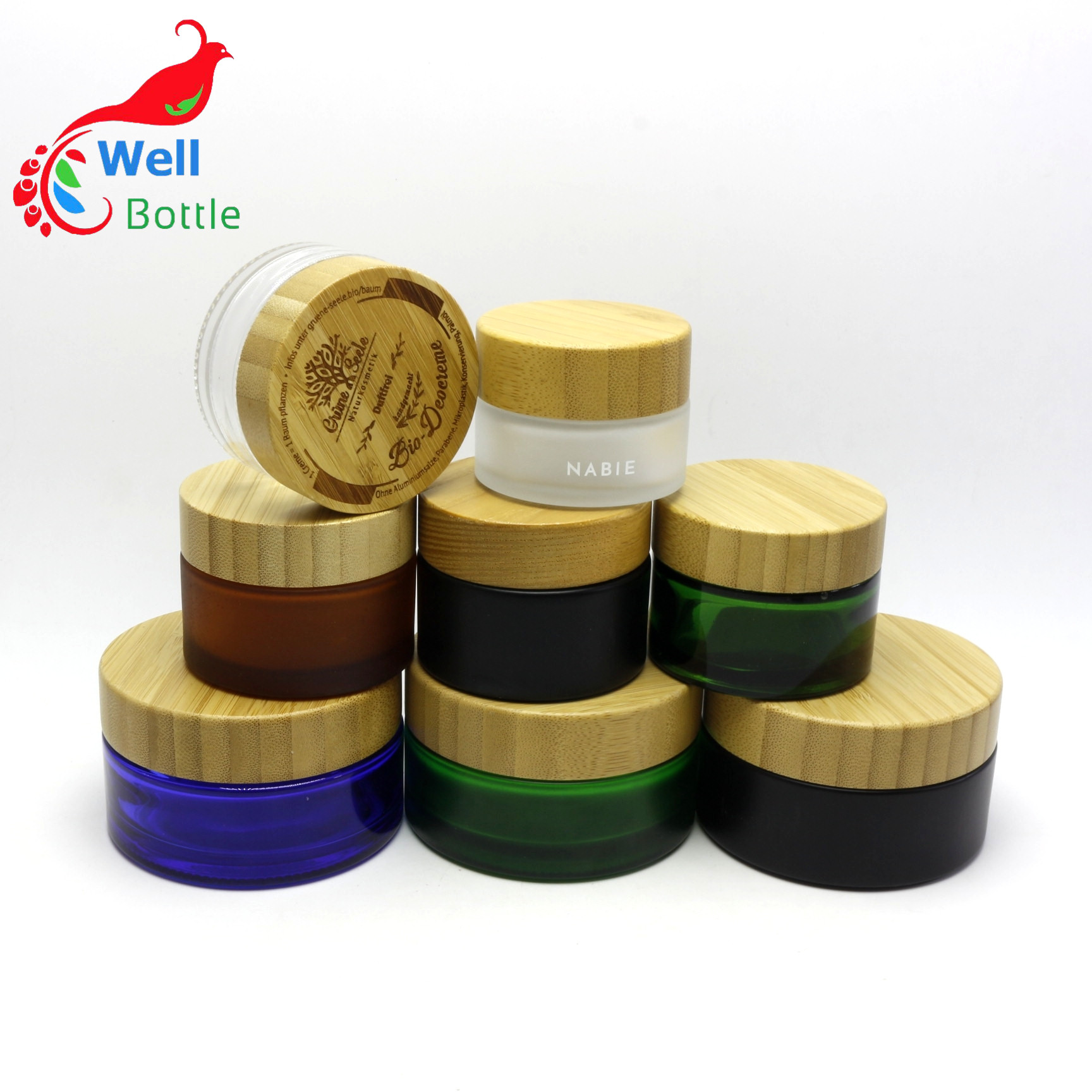 50g Cosmetic frosted glass cream jar with friendly ecological bamboo lid BJ-151R