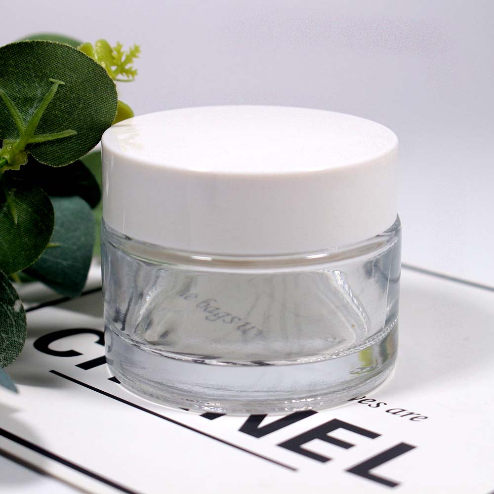 50g Empty glass can cosmetic cream clear glass jar with white and black plastic covers