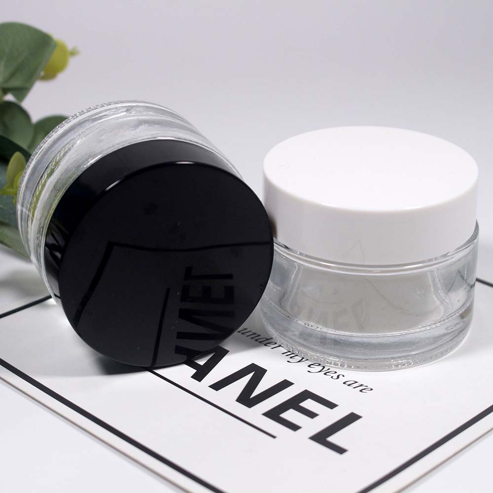50g Empty glass can cosmetic cream clear glass jar with white and black plastic covers