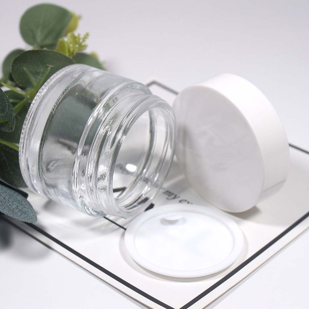 50g Empty glass can cosmetic cream clear glass jar with white and black plastic covers
