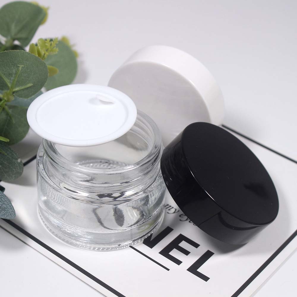 50g Empty glass can cosmetic cream clear glass jar with white and black plastic covers