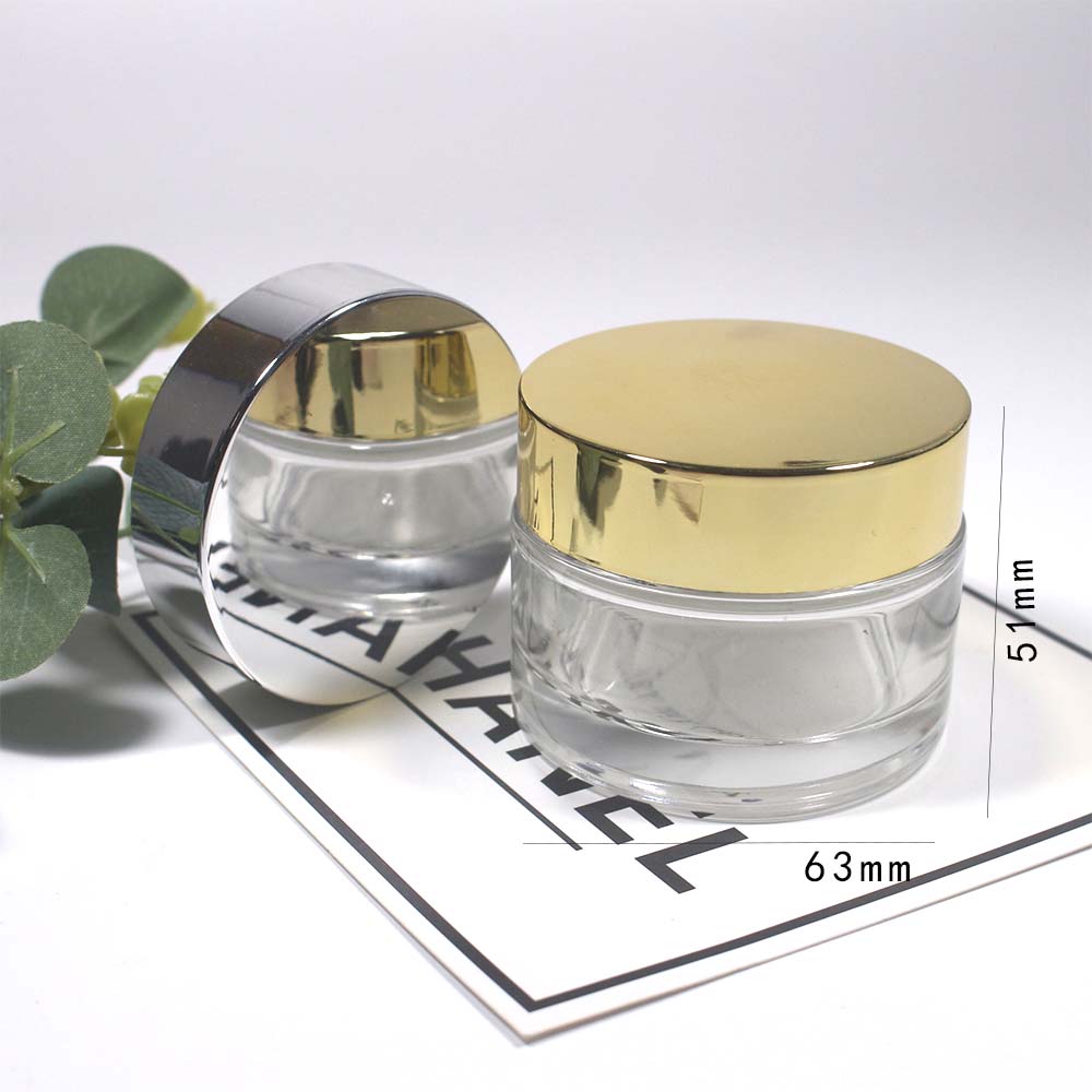 50g Empty glass jar cosmetic cream clear glass jar with silver and golden covers