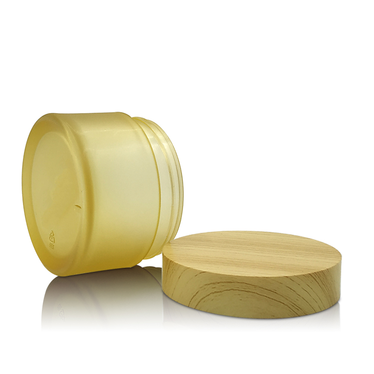 50g Round Shape Yellow PET Plastic Jar with Wooden Cap Cosmetic Loose Powder Jar