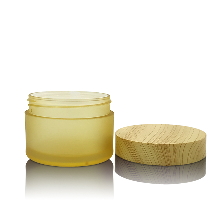 50g Round Shape Yellow PET Plastic Jar with Wooden Cap Cosmetic Loose Powder Jar
