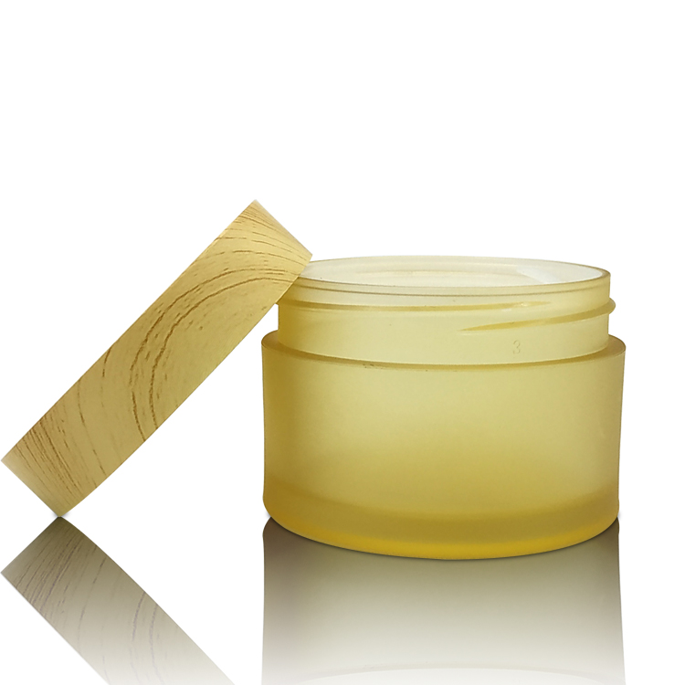 50g Round Shape Yellow PET Plastic Jar with Wooden Cap Cosmetic Loose Powder Jar