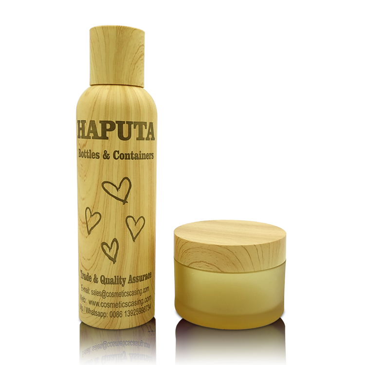 50g Round Shape Yellow PET Plastic Jar with Wooden Cap Cosmetic Loose Powder Jar