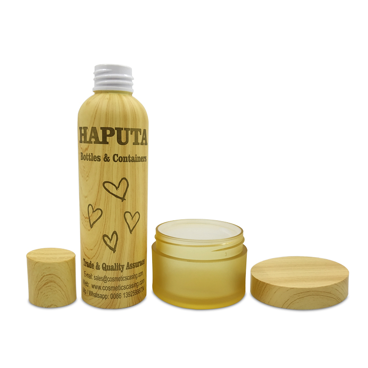 50g Round Shape Yellow PET Plastic Jar with Wooden Cap Cosmetic Loose Powder Jar