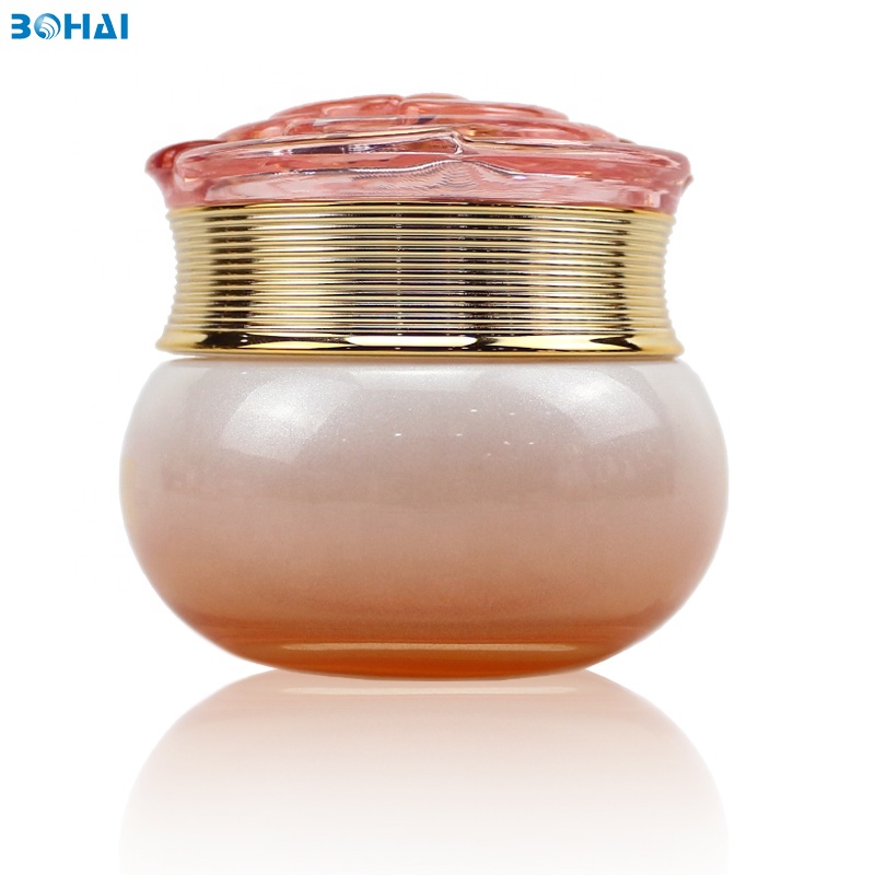 50g White orange gradient glass cream jar with Gold border flower cover