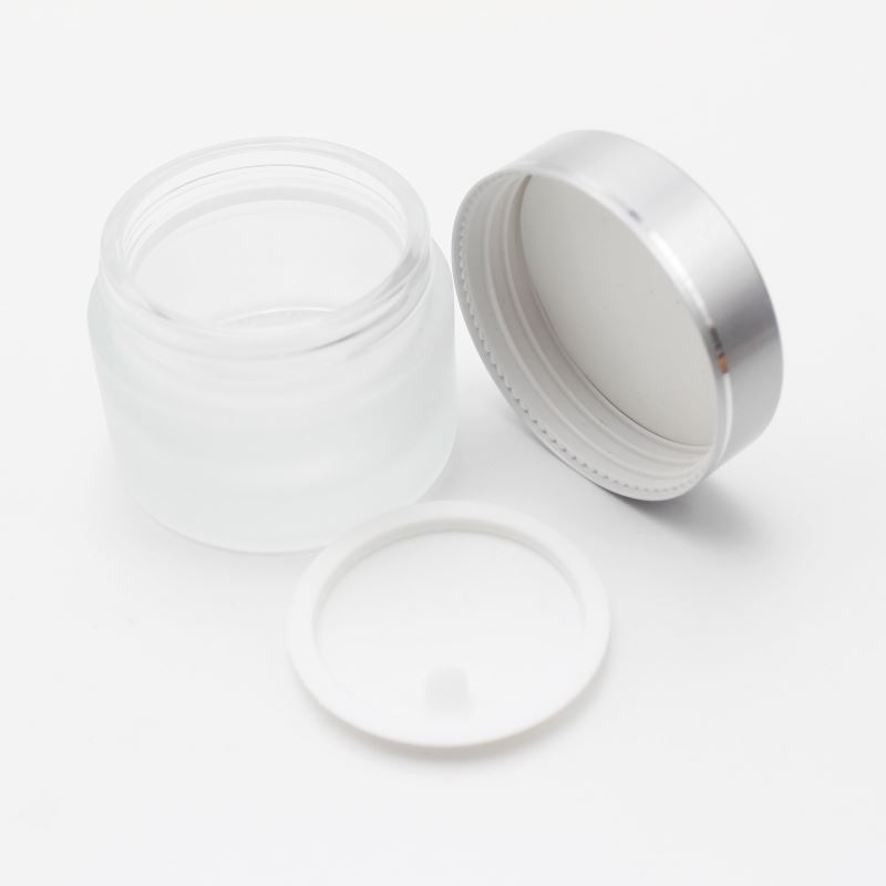 50g Wooden cap 30ML 1 OZ Clear Glass Empty Cosmetic Cream Jar with matte silver lid MGJ-193T