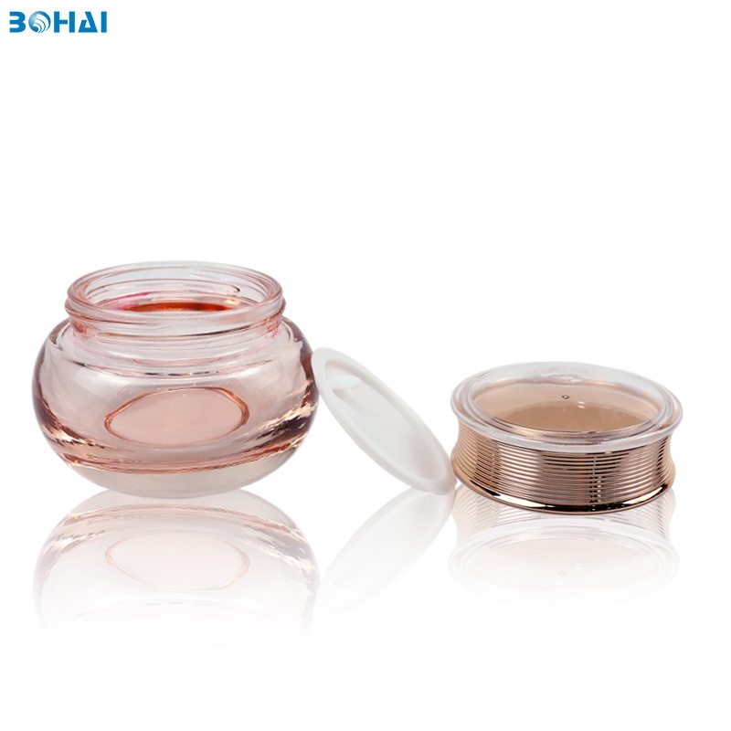50g clear pink glass cream jar with gold screw cap