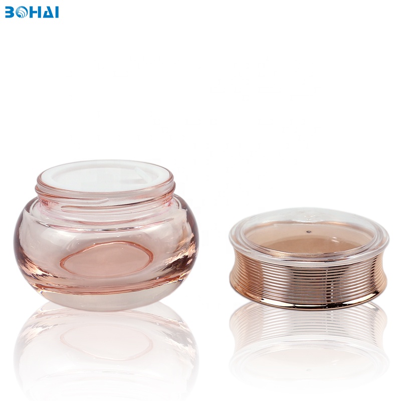 50g clear pink glass cream jar with gold screw cap