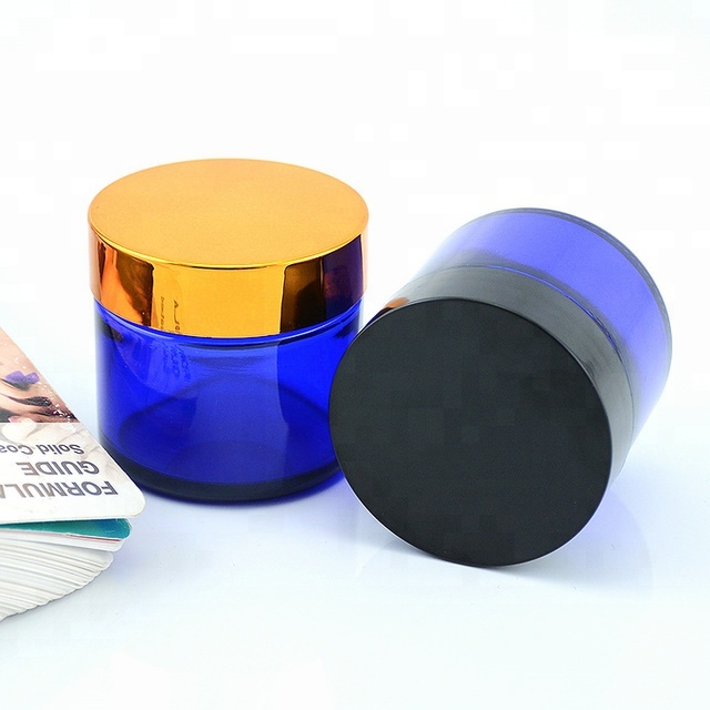 50g cobalt blue glass cosmetic jar for face cream with black aluminum lid