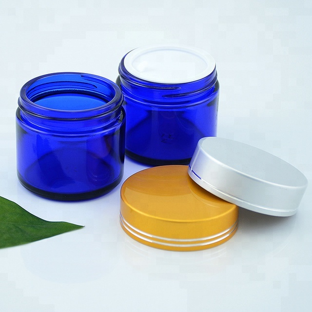 50g cobalt blue glass cosmetic jar for face cream with black aluminum lid