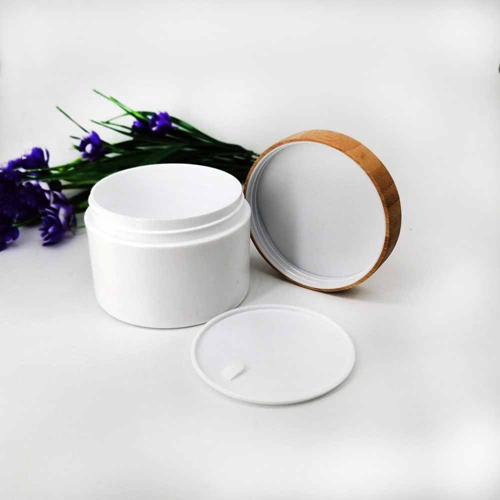 50g cosmetic container white PP plastic double cream cream empty jar with eco friendly  wood grain bamboo lid