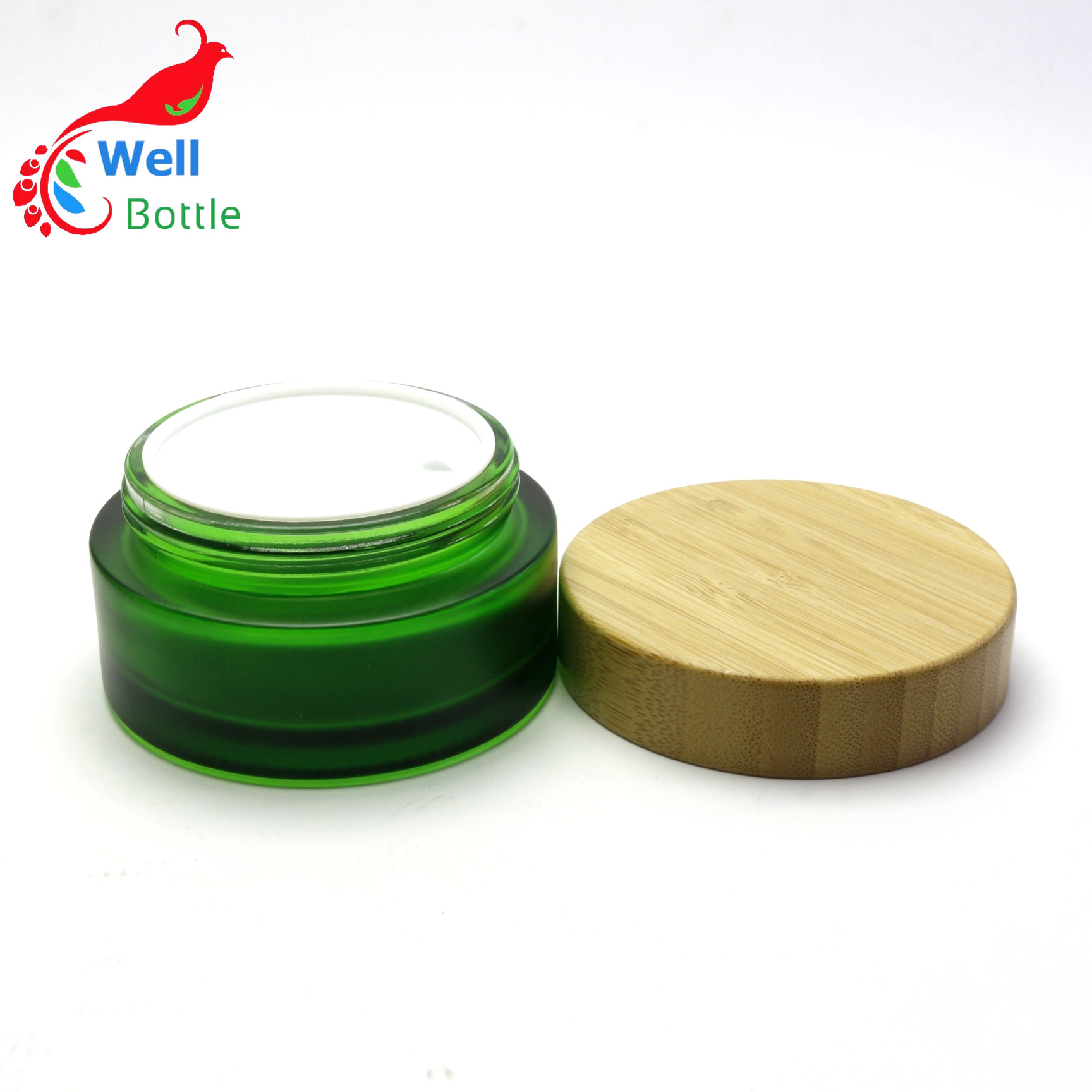 50g cosmetic frosted green glass jar with bamboo lid BJ-054RL
