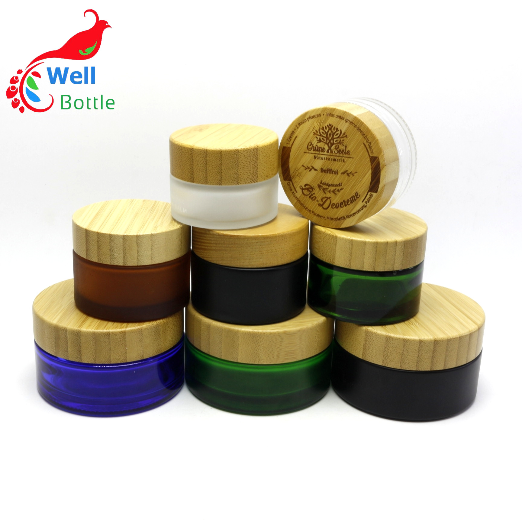 50g cosmetic frosted green glass jar with bamboo lid BJ-054RL