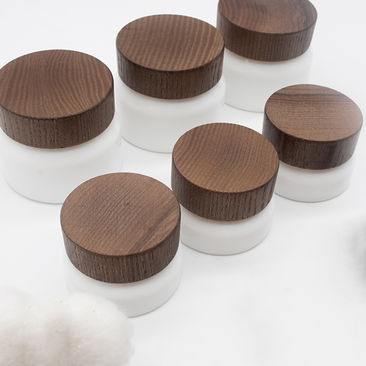 50g cosmetic slant shoulder white porcelain glass cream jars with dark wooden lids