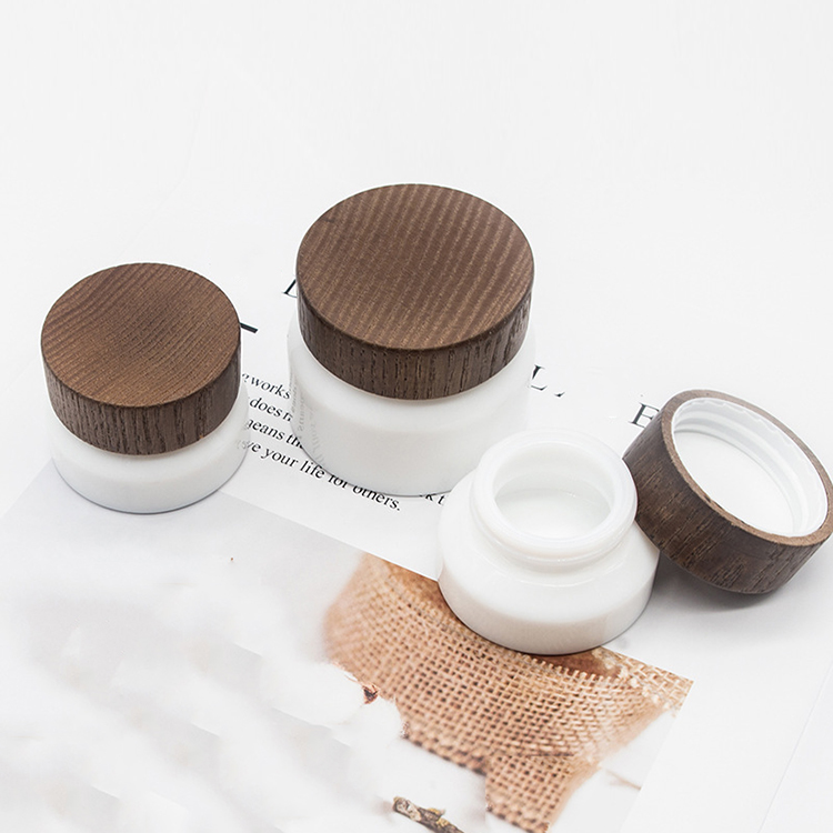50g cosmetic slant shoulder white porcelain glass cream jars with dark wooden lids
