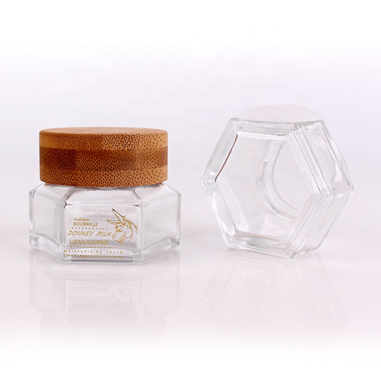 50g customized skincare empty glass cream jar with bamboo cap