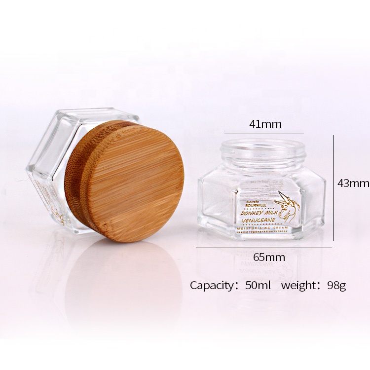 50g customized skincare empty glass cream jar with bamboo cap