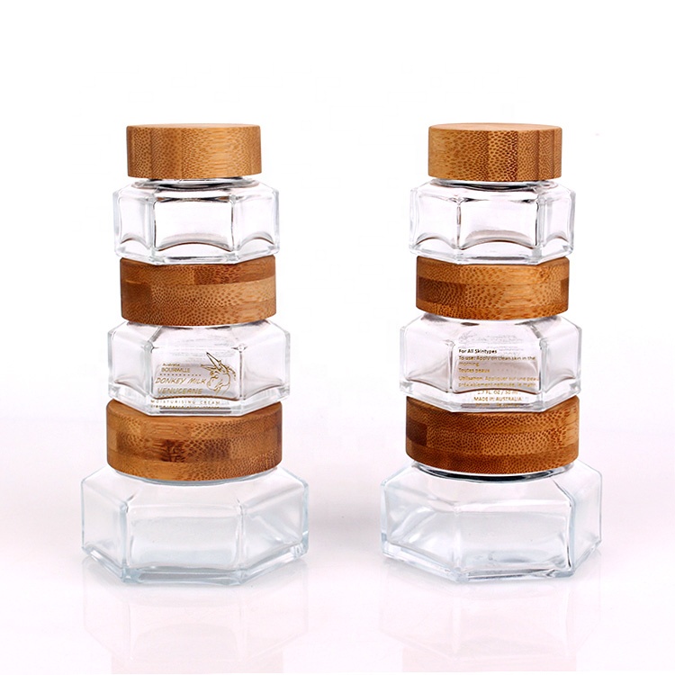 50g customized skincare empty glass cream jar with bamboo cap