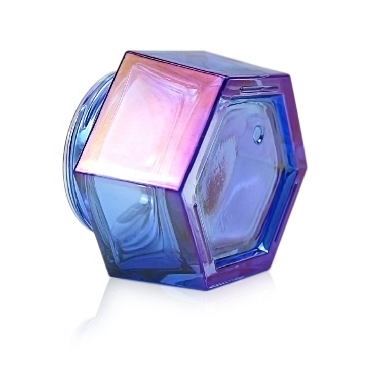 50g electroplated blue glass hexagonal cream jar with clear cap