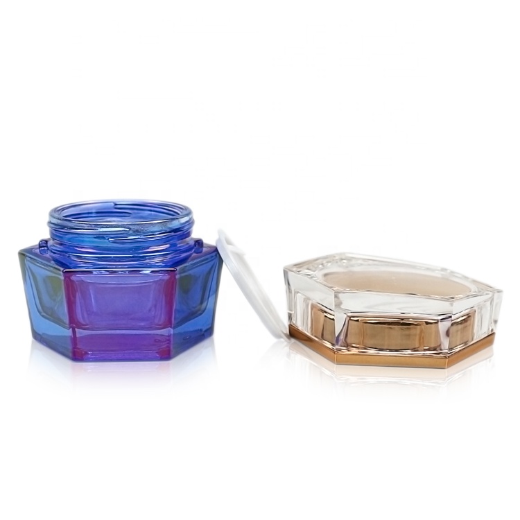 50g electroplated blue glass hexagonal cream jar with clear cap