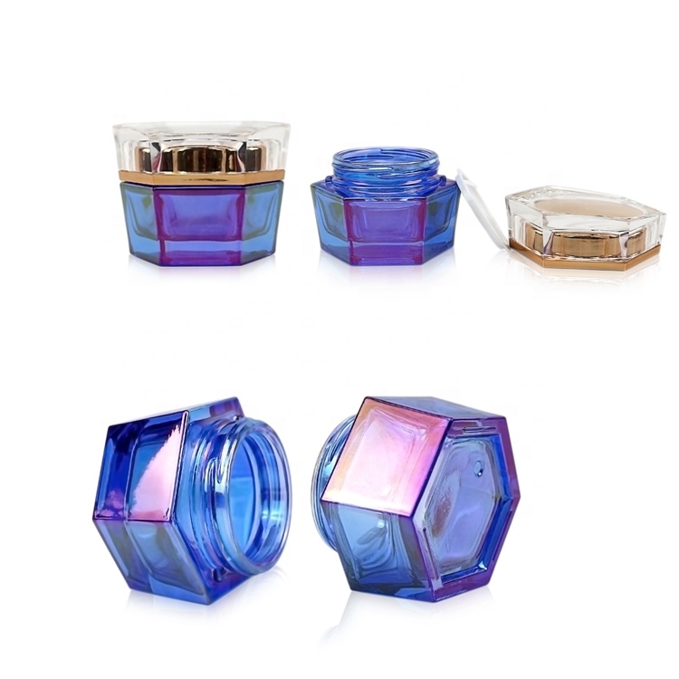 50g electroplated blue glass hexagonal cream jar with clear cap