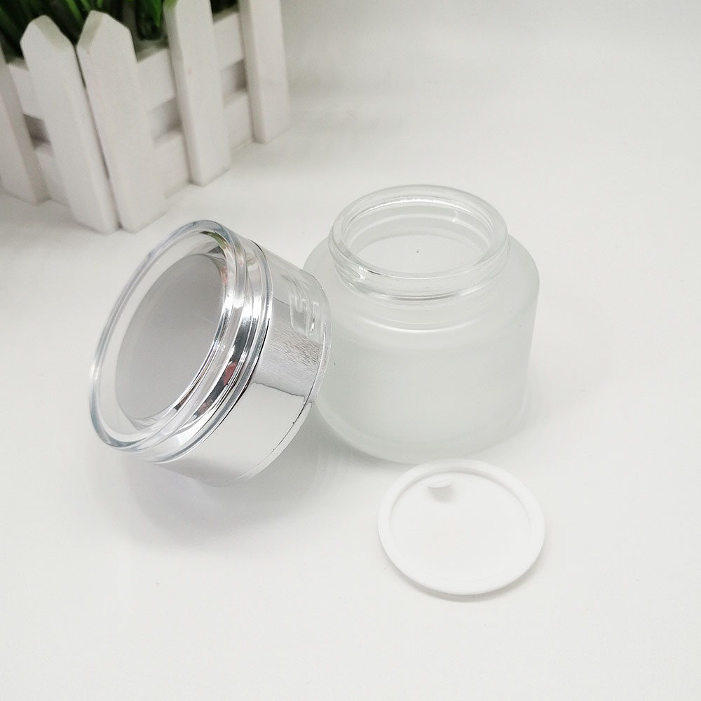 50g empty skin care packaging container matte glass cream jars with silver plastic acrylic lid cosmetic packaging