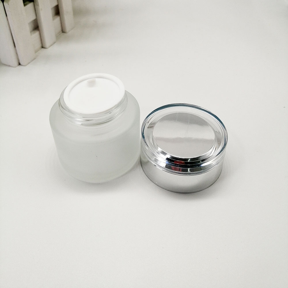 50g empty skin care packaging container matte glass cream jars with silver plastic acrylic lid cosmetic packaging