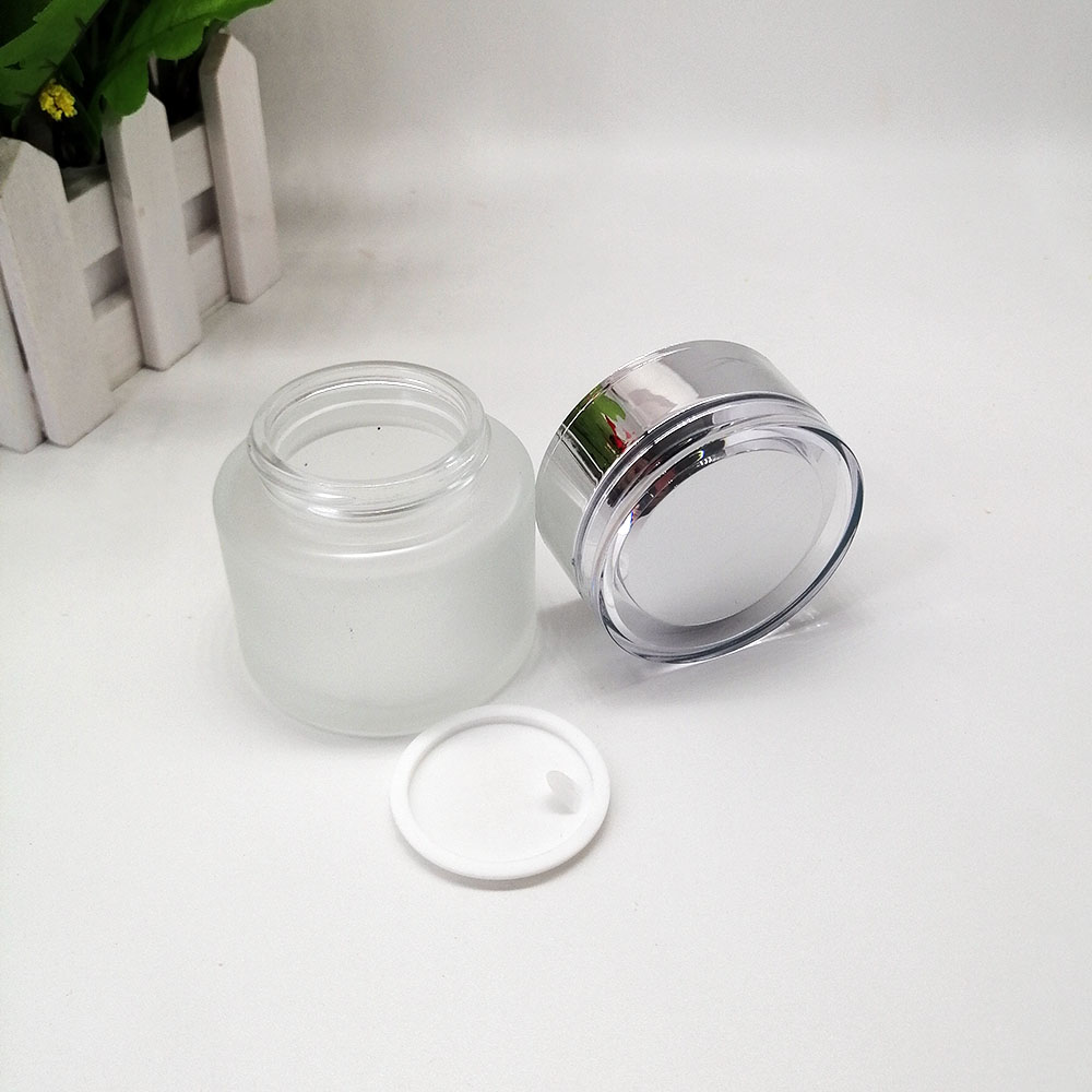 50g empty skin care packaging container matte glass cream jars with silver plastic acrylic lid cosmetic packaging