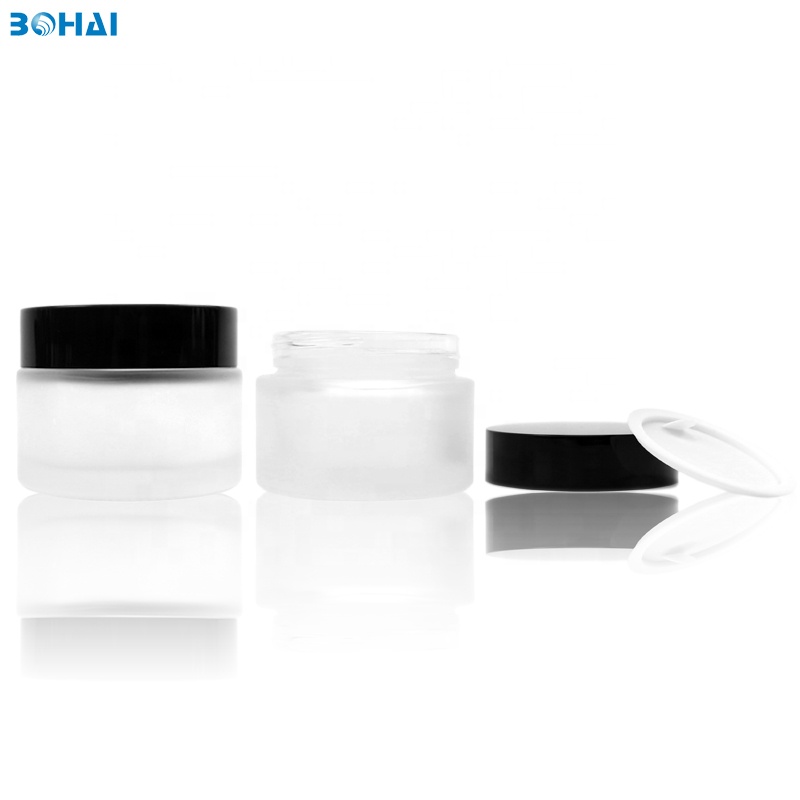50g frosted glass body cream jar with black screw cap