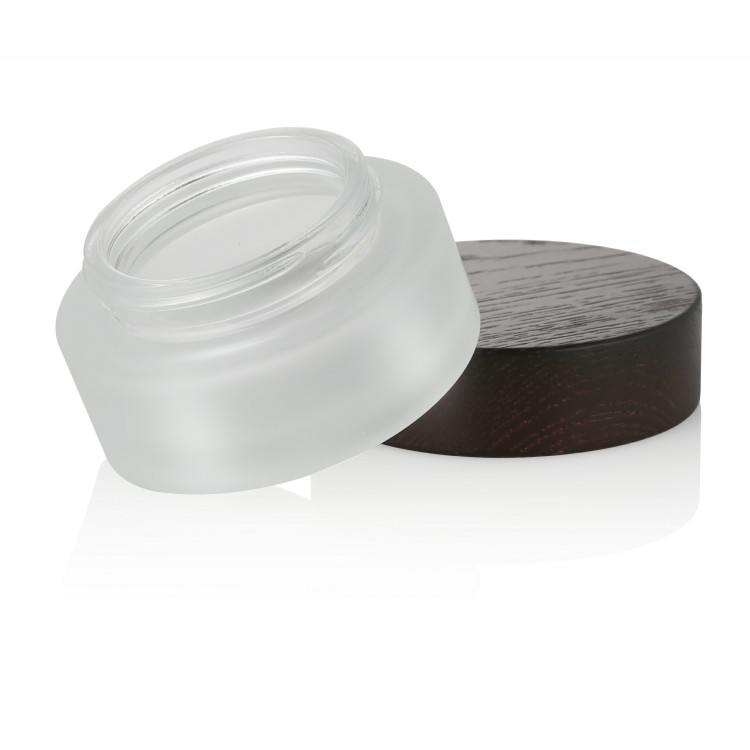 50g frosted glass cream jar with white plastic gasket and black lid