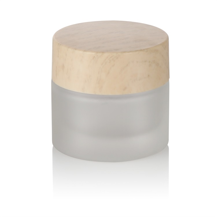 50g frosted glass jar wooden cap water transfer printing frosted glass jar with bamboo lid