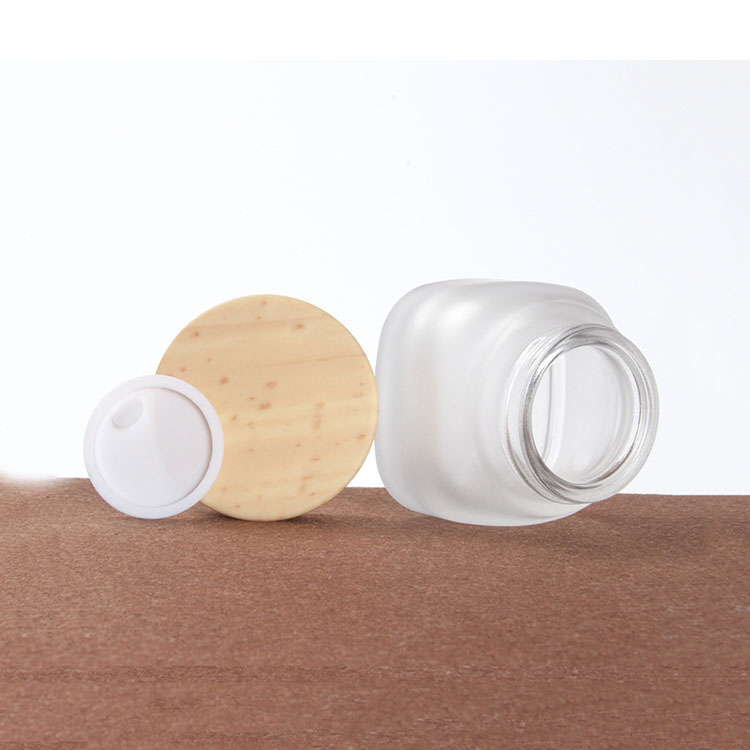50g frosted square glass cream jar with plastic wood grain cover cosmetic packaging container
