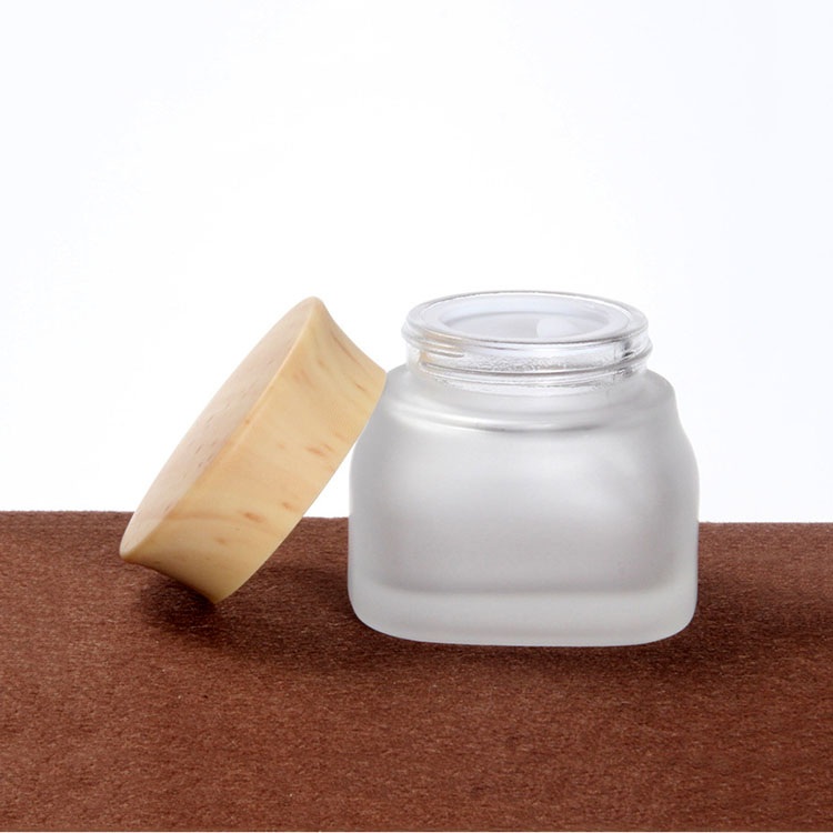 50g frosted square glass cream jar with plastic wood grain cover cosmetic packaging container