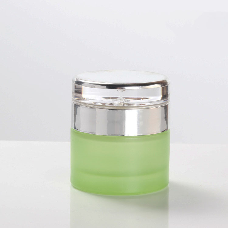 50g green frosted glass cream bottle cosmetic packaging container with silver lid