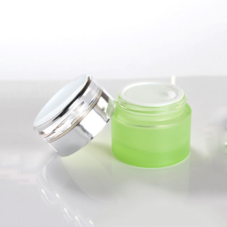 50g green frosted glass cream bottle cosmetic packaging container with silver lid