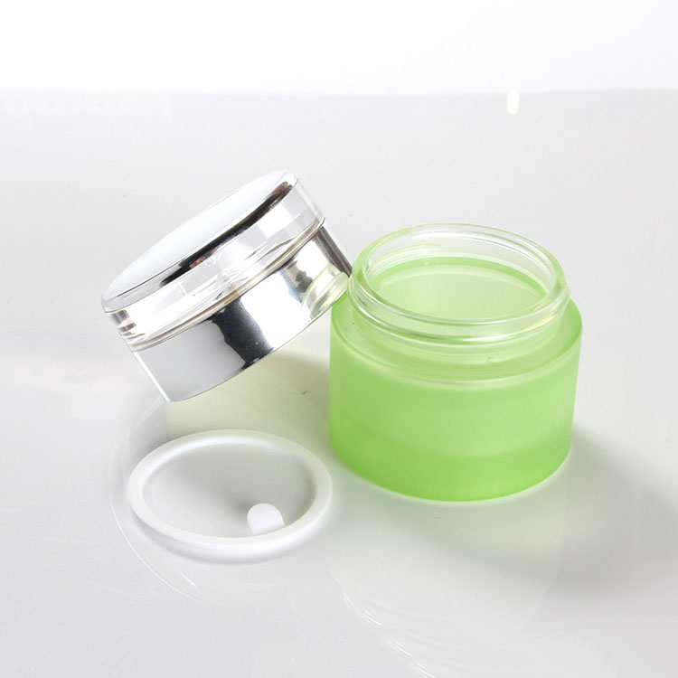 50g green frosted glass cream bottle cosmetic packaging container with silver lid