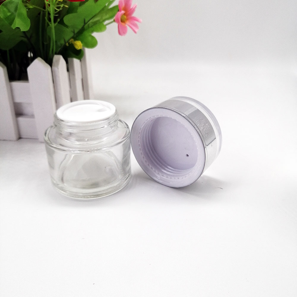 50g transparent glass cream jar with plastic silver lid cosmetic packaging container skin cream Face Mask empty bottle