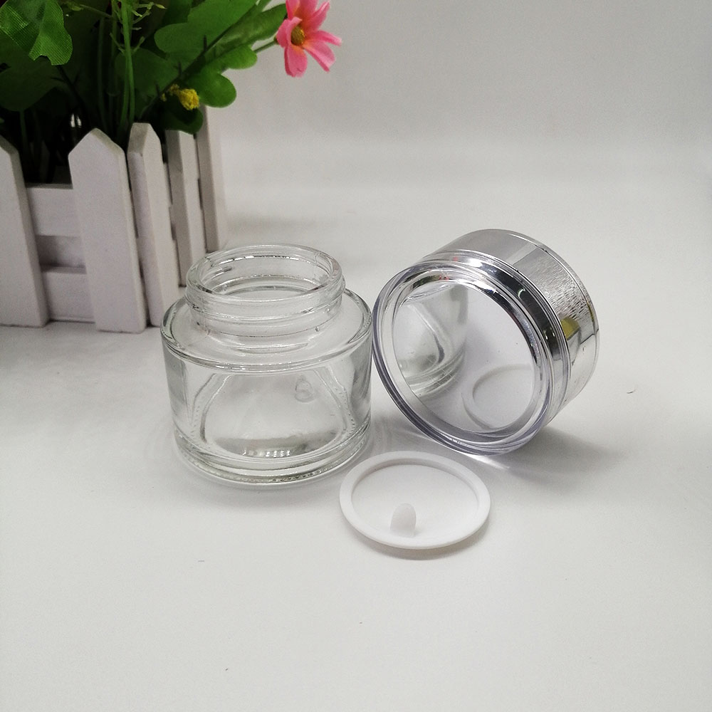 50g transparent glass cream jar with plastic silver lid cosmetic packaging container skin cream Face Mask empty bottle