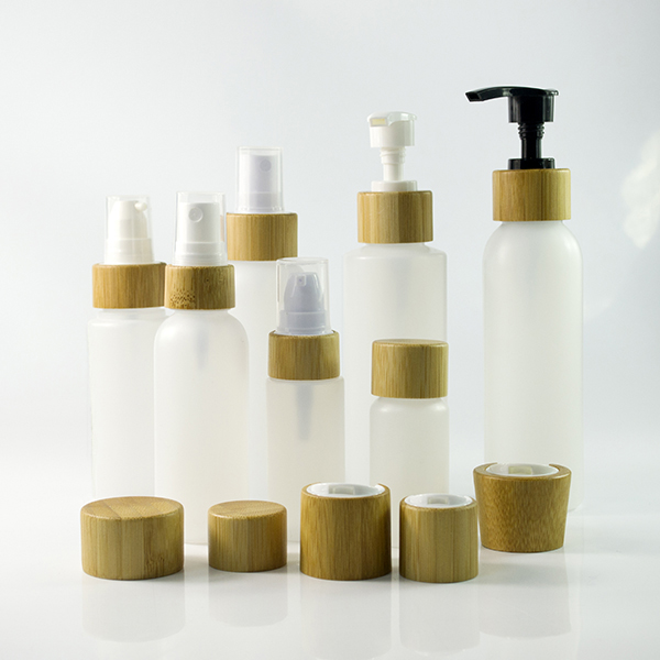 50ml 100ml 120ml 150ml bamboo cosmetic packaging PET plastic bottle with bamboo pump sprayer lotion cap