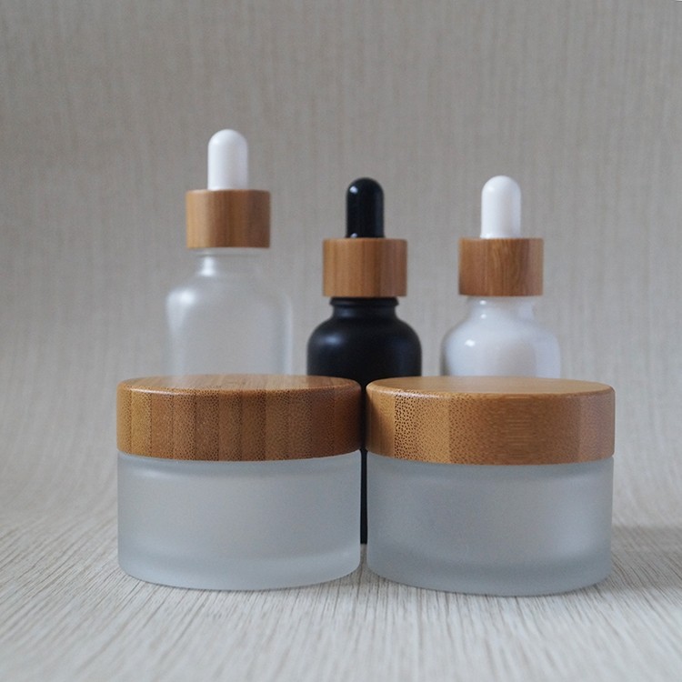50ml 100ml 120ml bamboo cosmetic round container personal skin care glass lotion cream jar bottle set bamboo lid