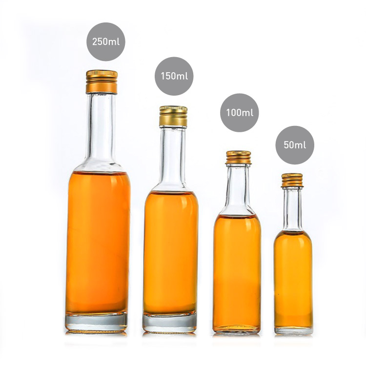 50ml 100ml 150ml 250ml long neck glass vodka bottle series with screw top lid
